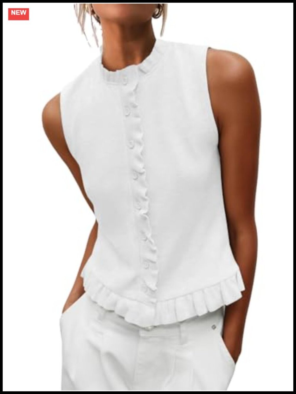 Sleeveless Sweater Vest Mockneck Button Down Ruffle Knit Tank Top